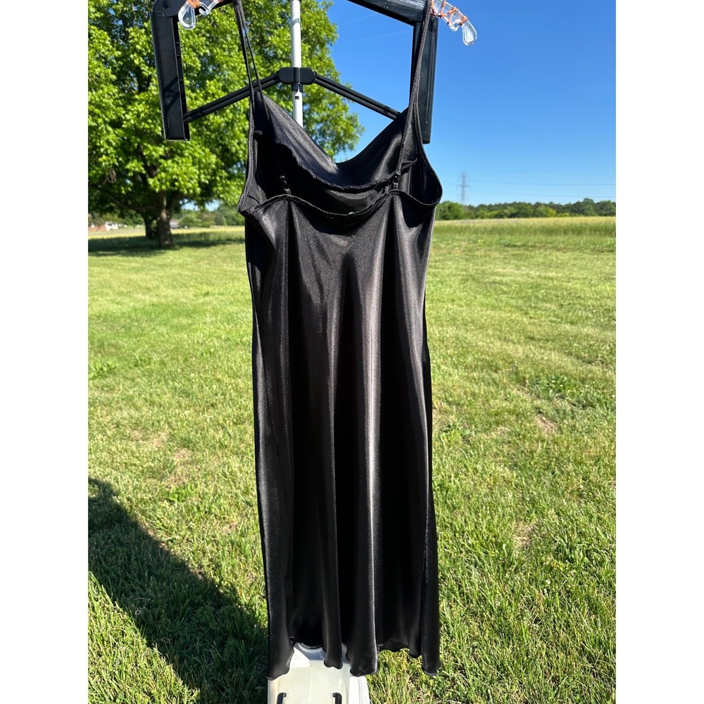 BeBe Black Satin Cowl Neck Midi Slip Dress Spaghetti Strap Minimalist LBD Size M - Picture 6 of 10
